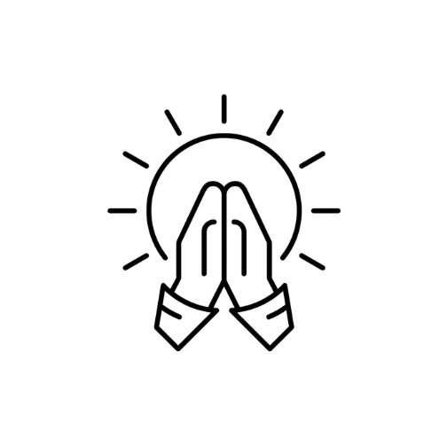 A black lined icon drawing of hands folded together in a praying grasp over a sun.