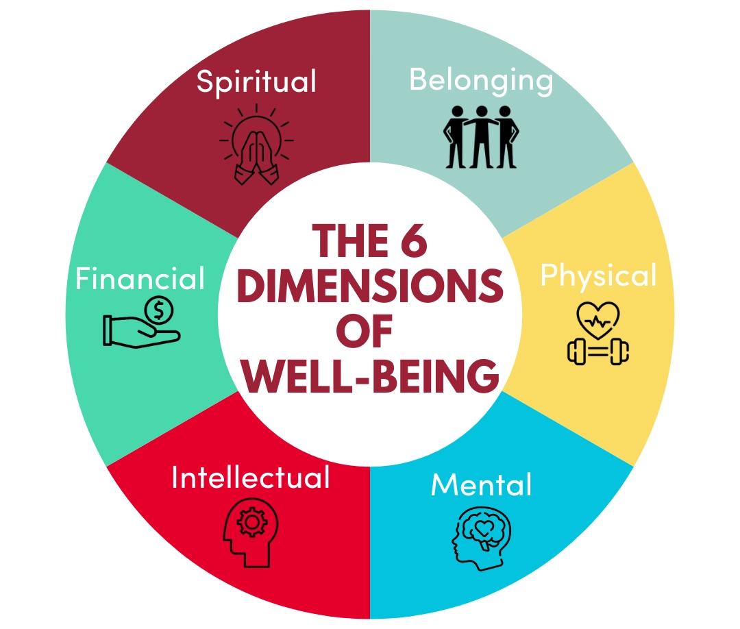 A colorful wheel illustration depicting the six dimensions of well-being.