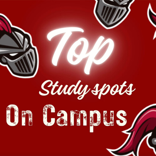 "Top Study Spots on Campus" with a background of Knight logos.