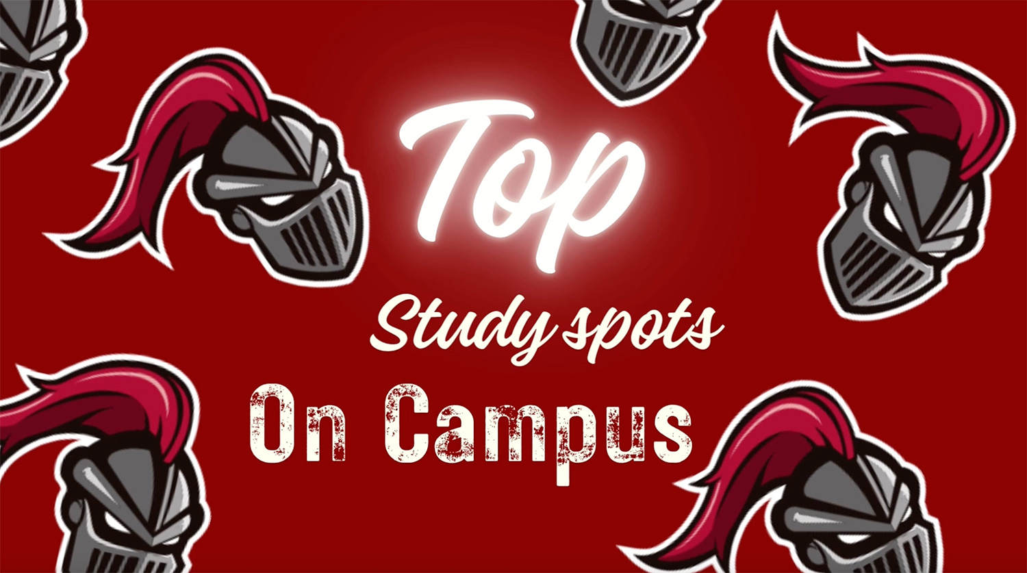 "Top Study Spots on Campus" with a background of Knight logos.