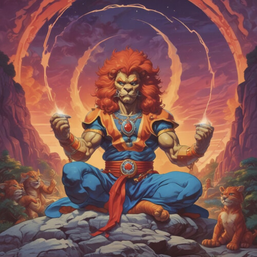 An AI art piece depicting a ThunderCat meditating.