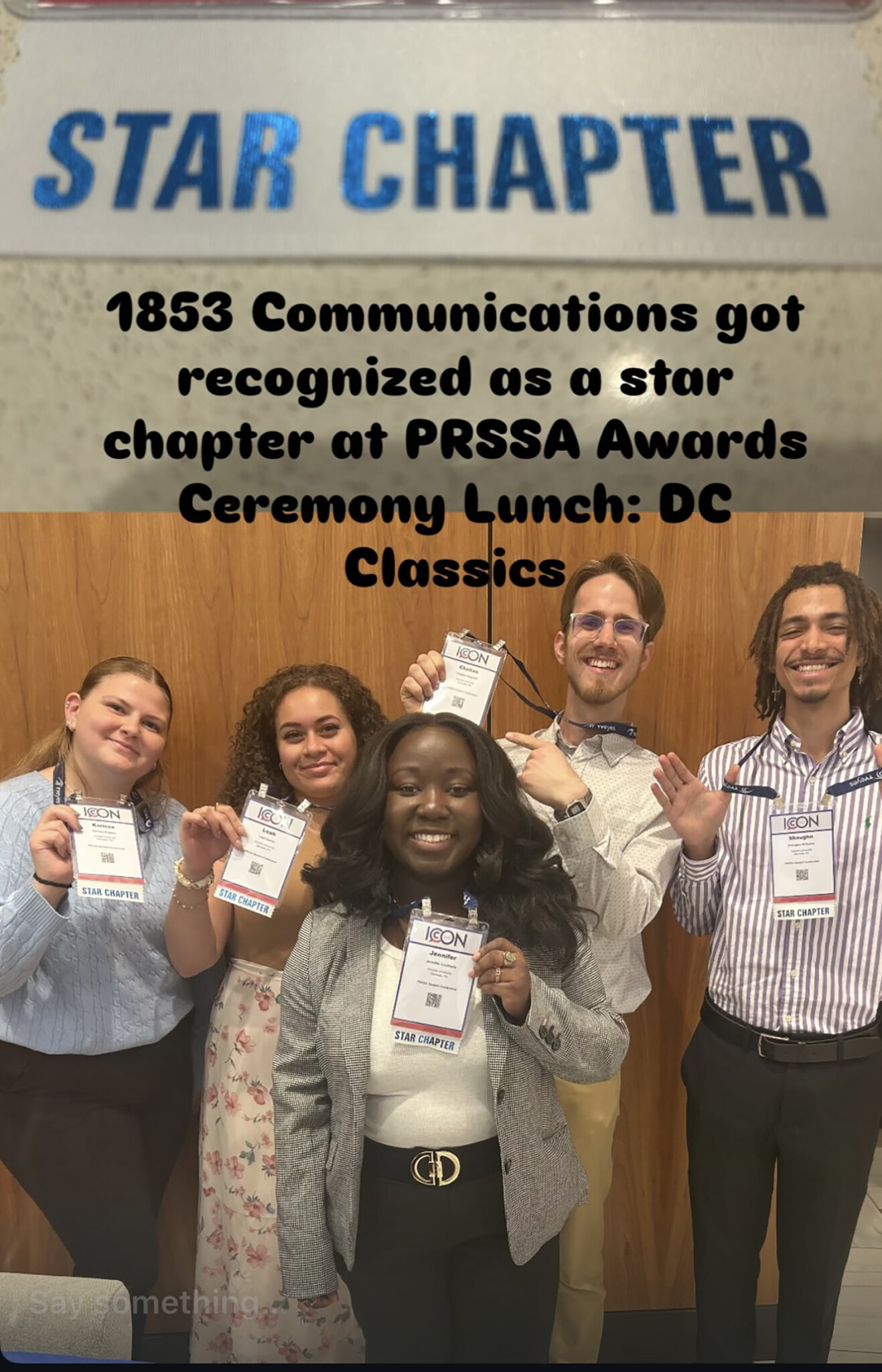 Students from Arcadia's PRSSA chapter holding up ribbons.