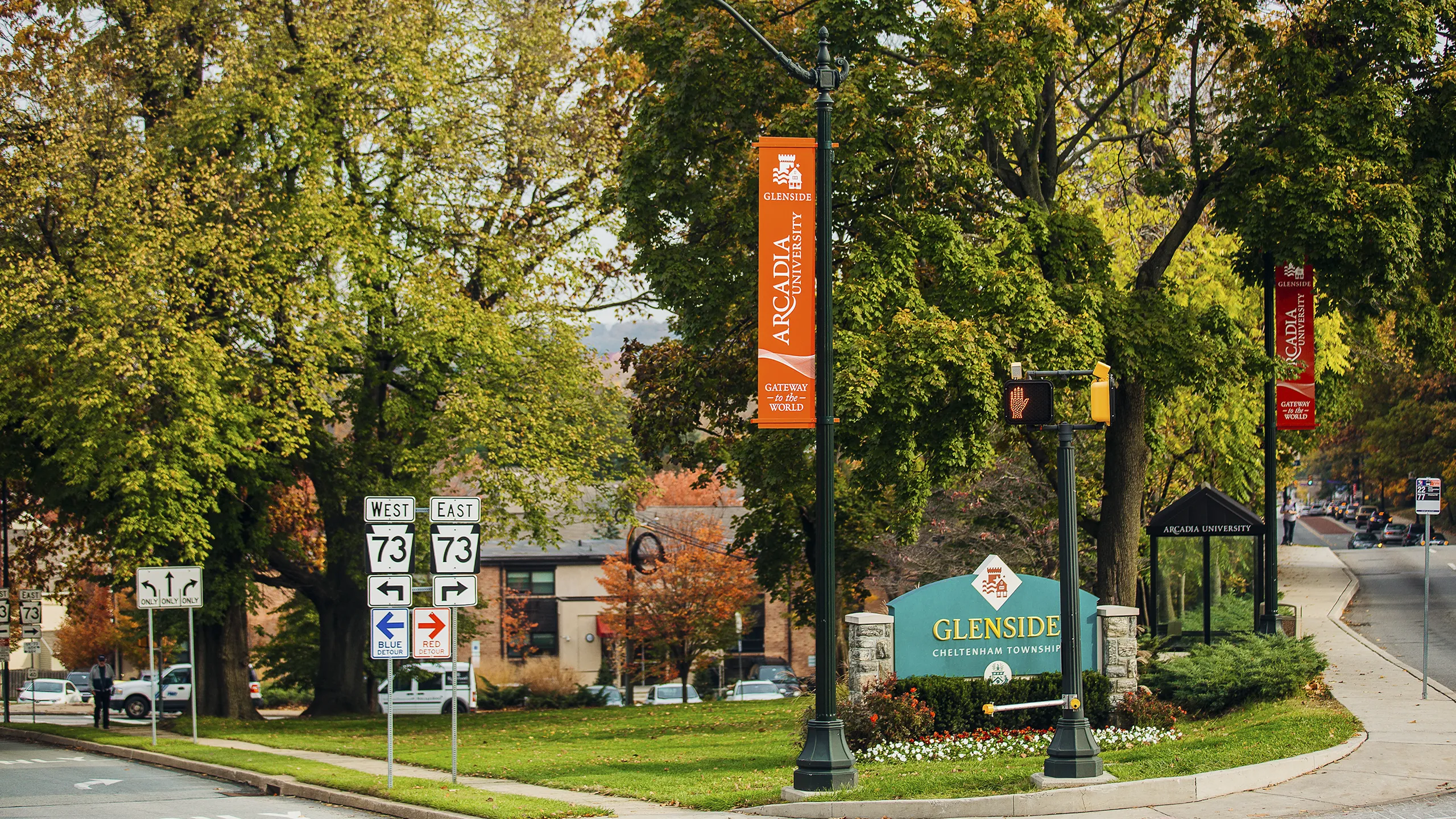 A street corner of Glenside, PA in a sunny fall day.