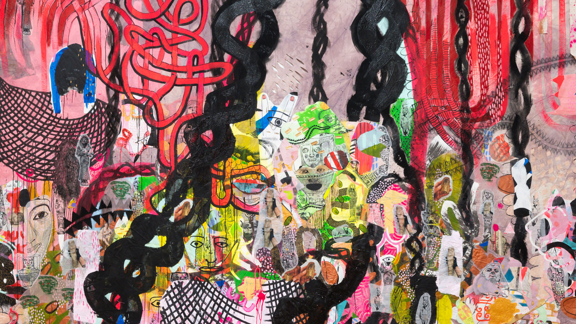 Close up of Jackie Milad's work. Multimedia piece with twisting black and bright pink lines. Abstract architectural forms with faces. 