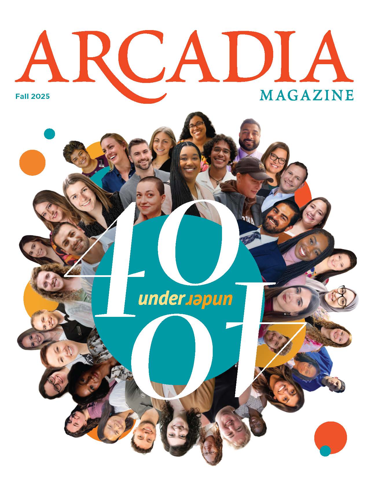 The cover of Arcadia magazine 2025 features faces in a circle pattern.