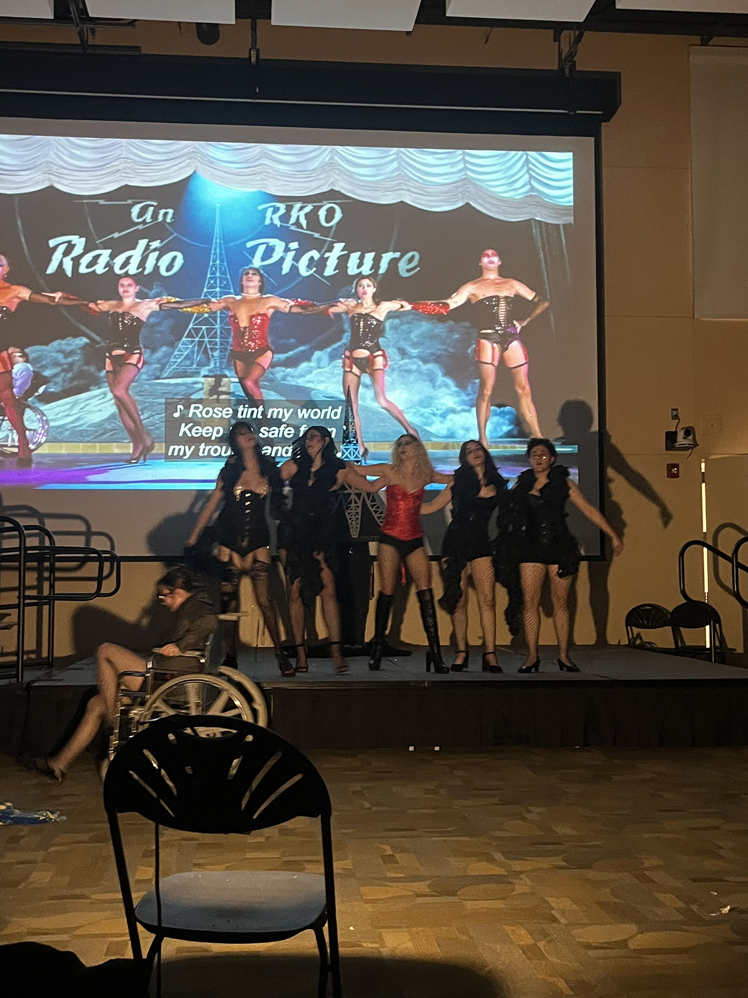 Students on stage for the Rocky Horror Picture Show.
