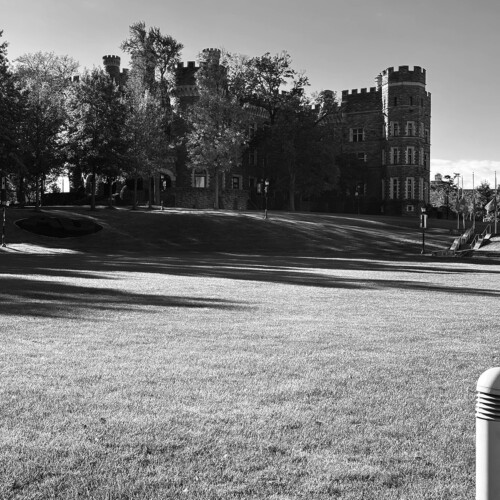 Black and white photo of Grey Towers Castle.