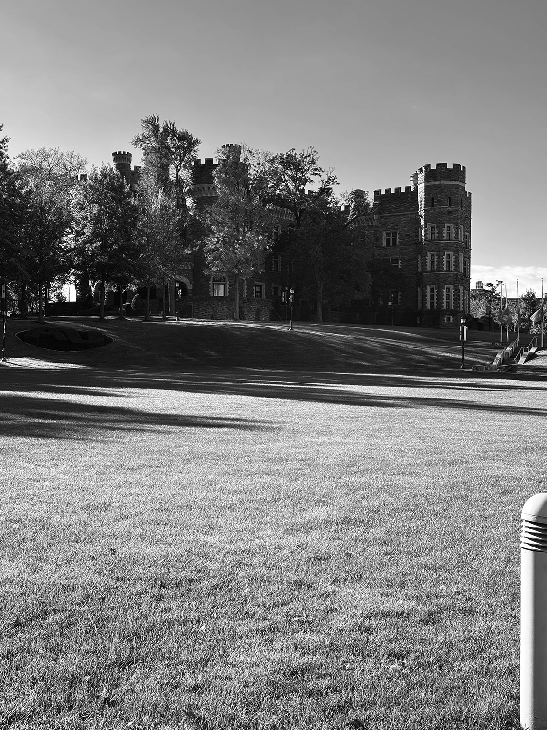 Black and white photo of Grey Towers Castle.