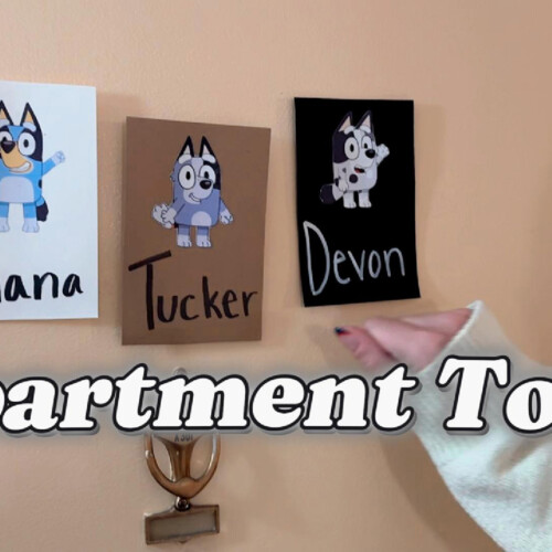 Devon Young's ’28 apartment door and text reading "Apartment Tour."