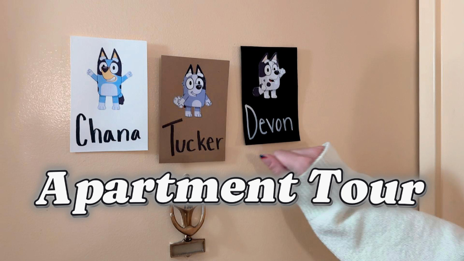 Devon Young's ’28 apartment door and text reading "Apartment Tour."