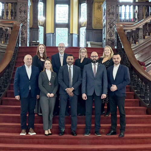 Front row: Igor Crnadak, Dr. Darja Softić Kadenić, Dr. Ajay Nair, Damir Mašić, Saša Magazinović Back row: Abigail Sandala ’26 ’27M, Dr. Warren Haffar, Dr. Jill Pederson, Allyson McCreery