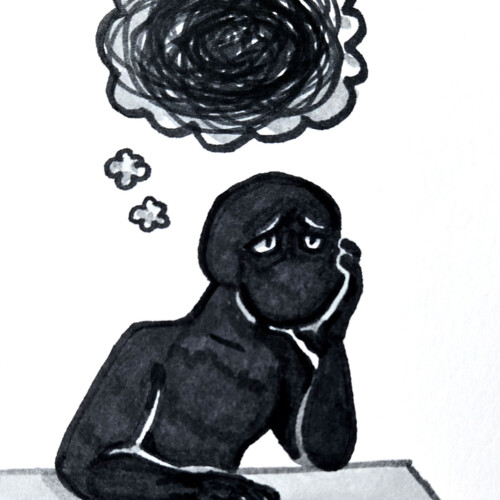 A cartoon person looking sad.