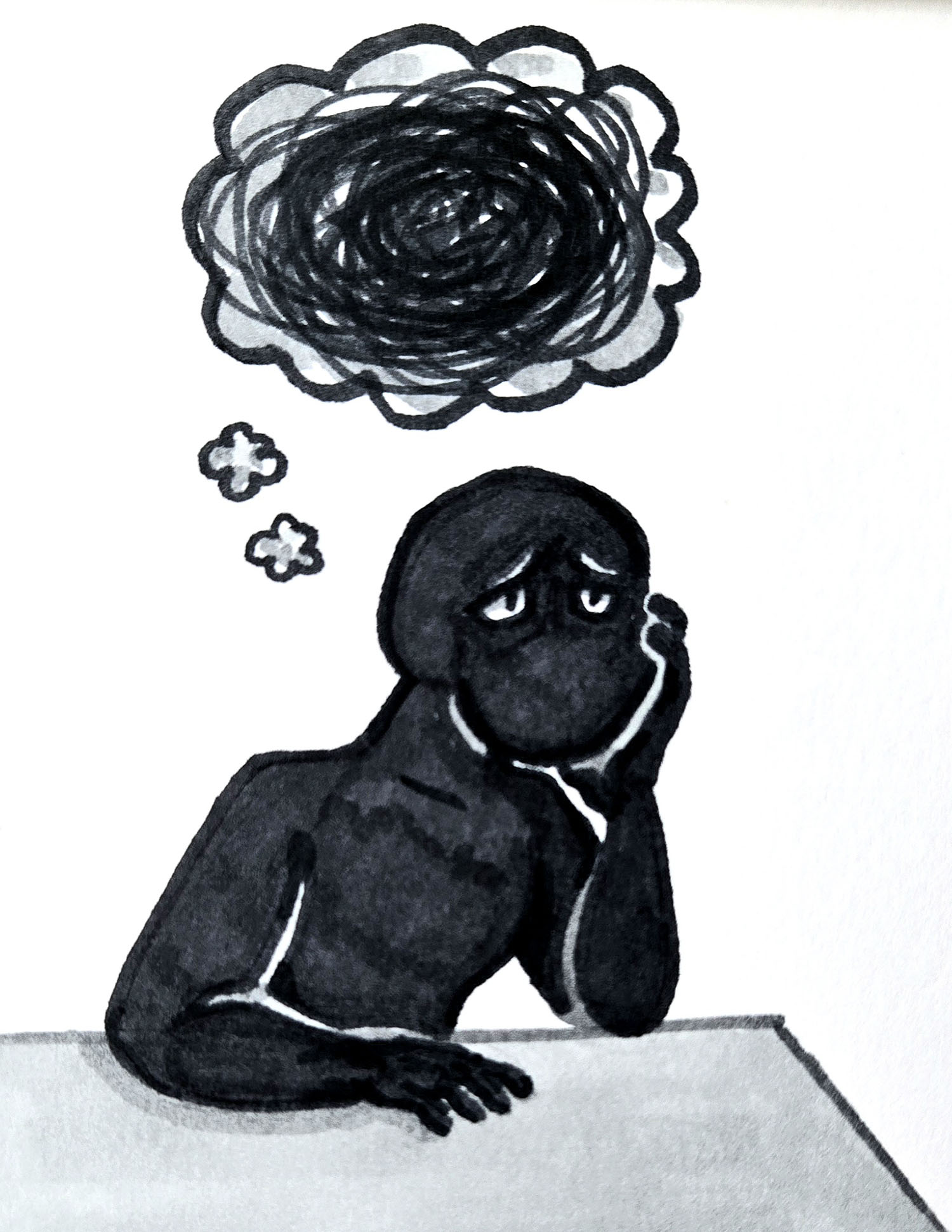 A cartoon person looking sad.