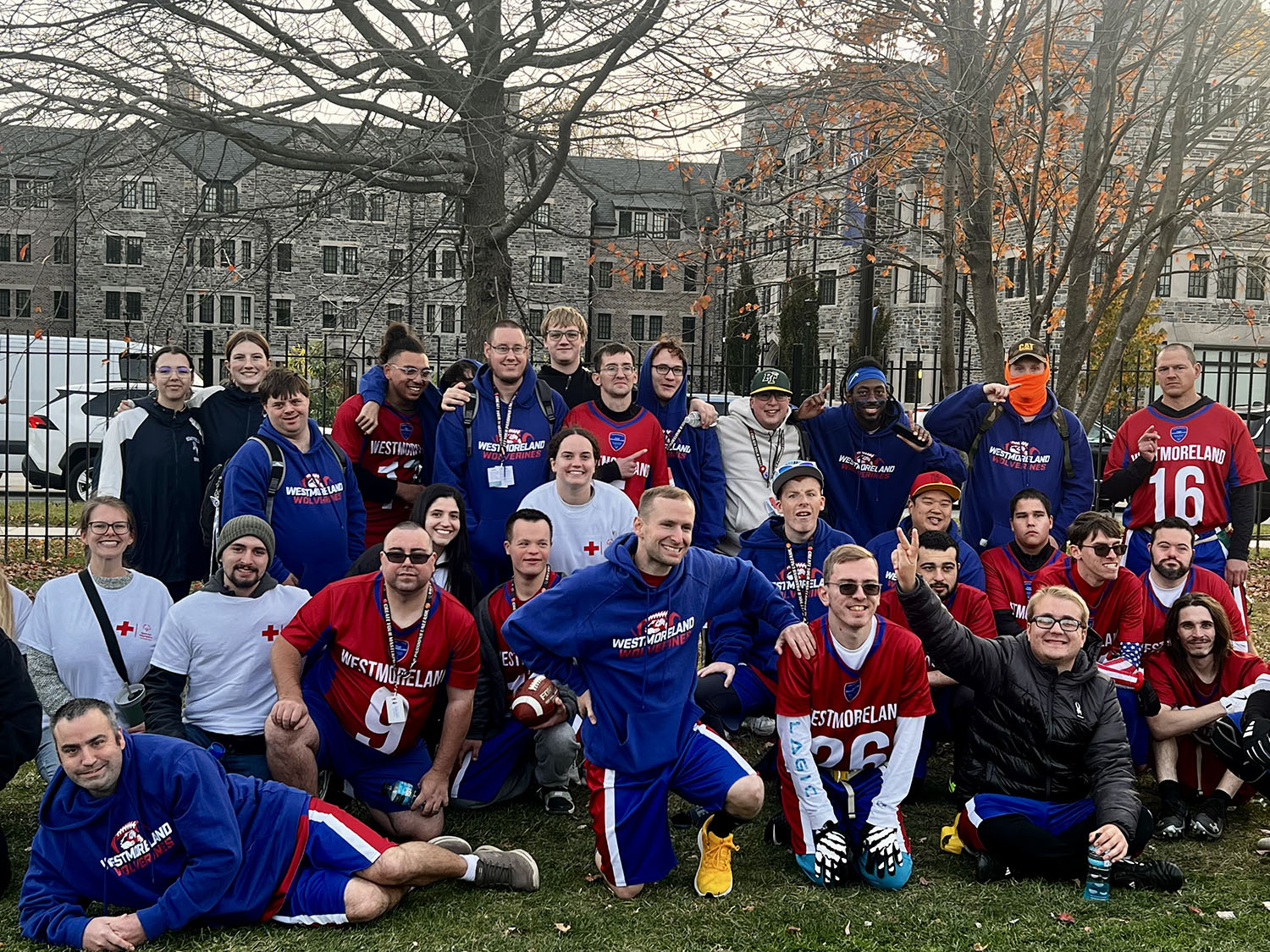 Alexis Sterk ’27MMS, MPH and Jennifer Canfield ’27MMS with the flag football team they assisted.