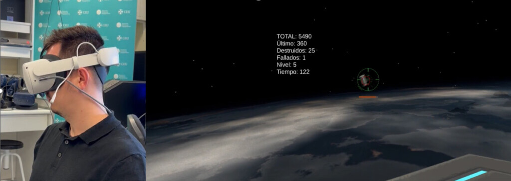 Filippo Moggioli wearing virtual reality glasses to play his game.