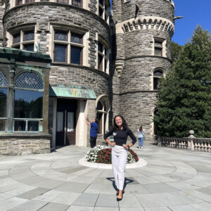 Dani Rincon-Garcia ’27DPT in front of Grey Towers Castle.