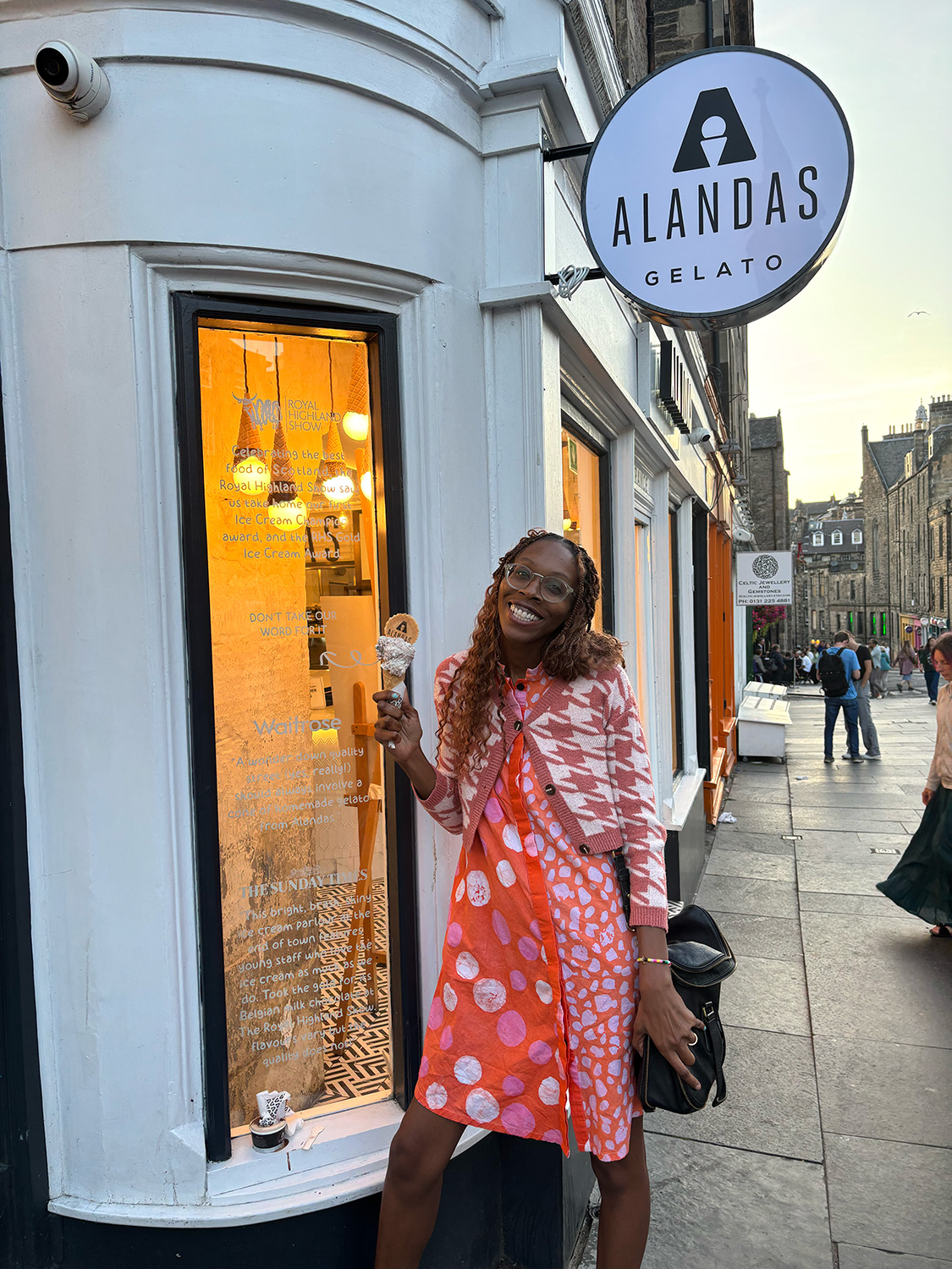 Rowana Abbensetts-Dobson ’26MFA in front of Alandas Gelato.