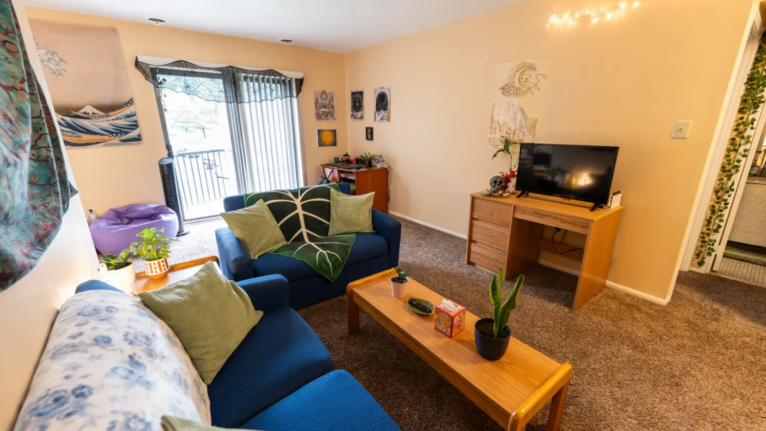A view of a living room in the Oak Summit Apartments, where two small couches are set up in front of a desk with a TV on it.