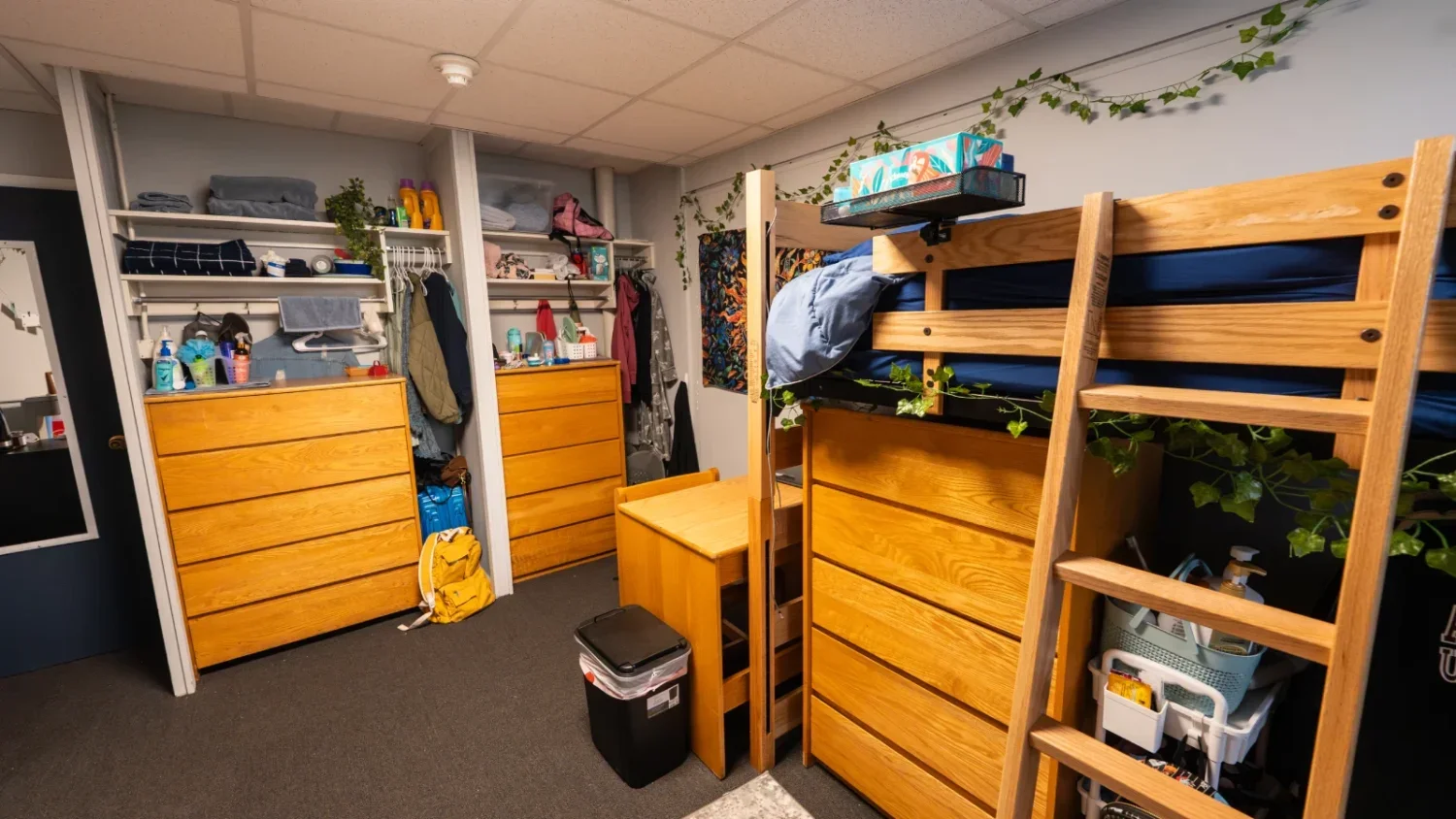 A look at one of the rooms in Kistler Hall, where a bunkbed is shown on the righthand side.