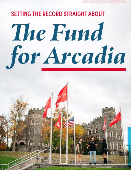 The Fund for Arcadia cover features the Castle with flags flying and three students.
