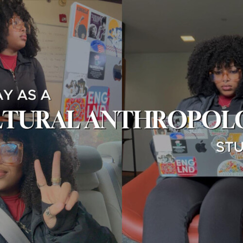 A collage of photos of Jamai Vann ’28 with text reading "My Day As A Cultural Anthropology Major"