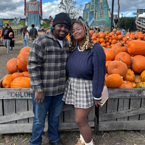 Makiyah Smith ’28 and another student at a pumpkin patch.