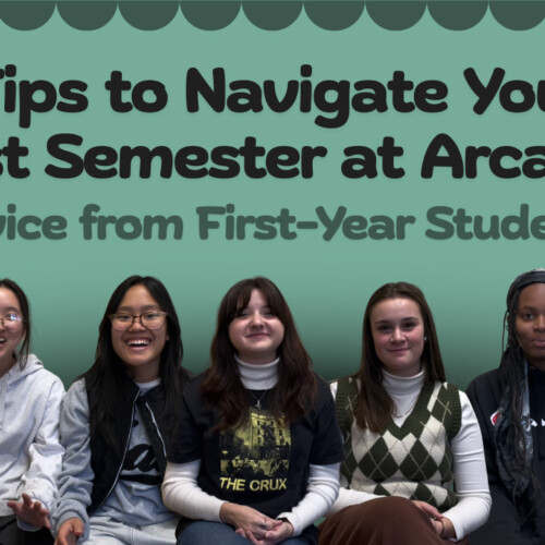 Seven first-year students sitting under text that reads "Tips to Navigate Your First Semester at Arcadia. Advice from First-Year Students"