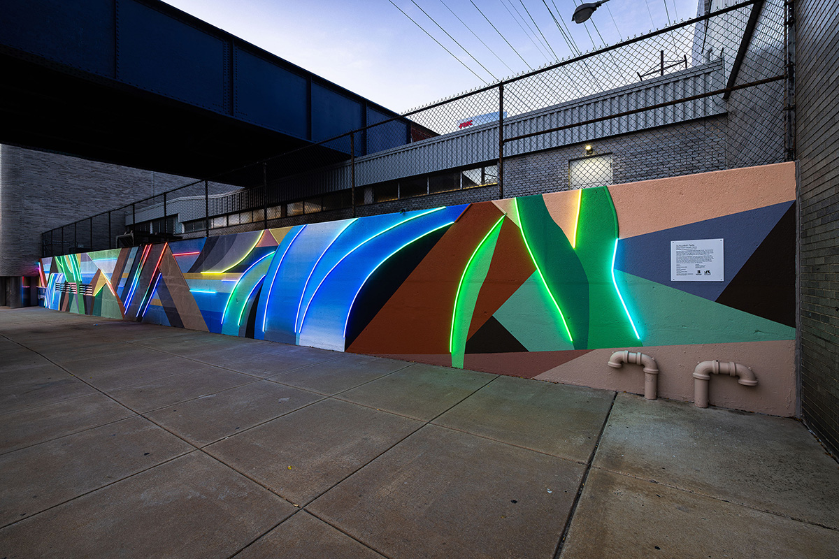 A colorful mural in West Philadelphia designed by David Guinn