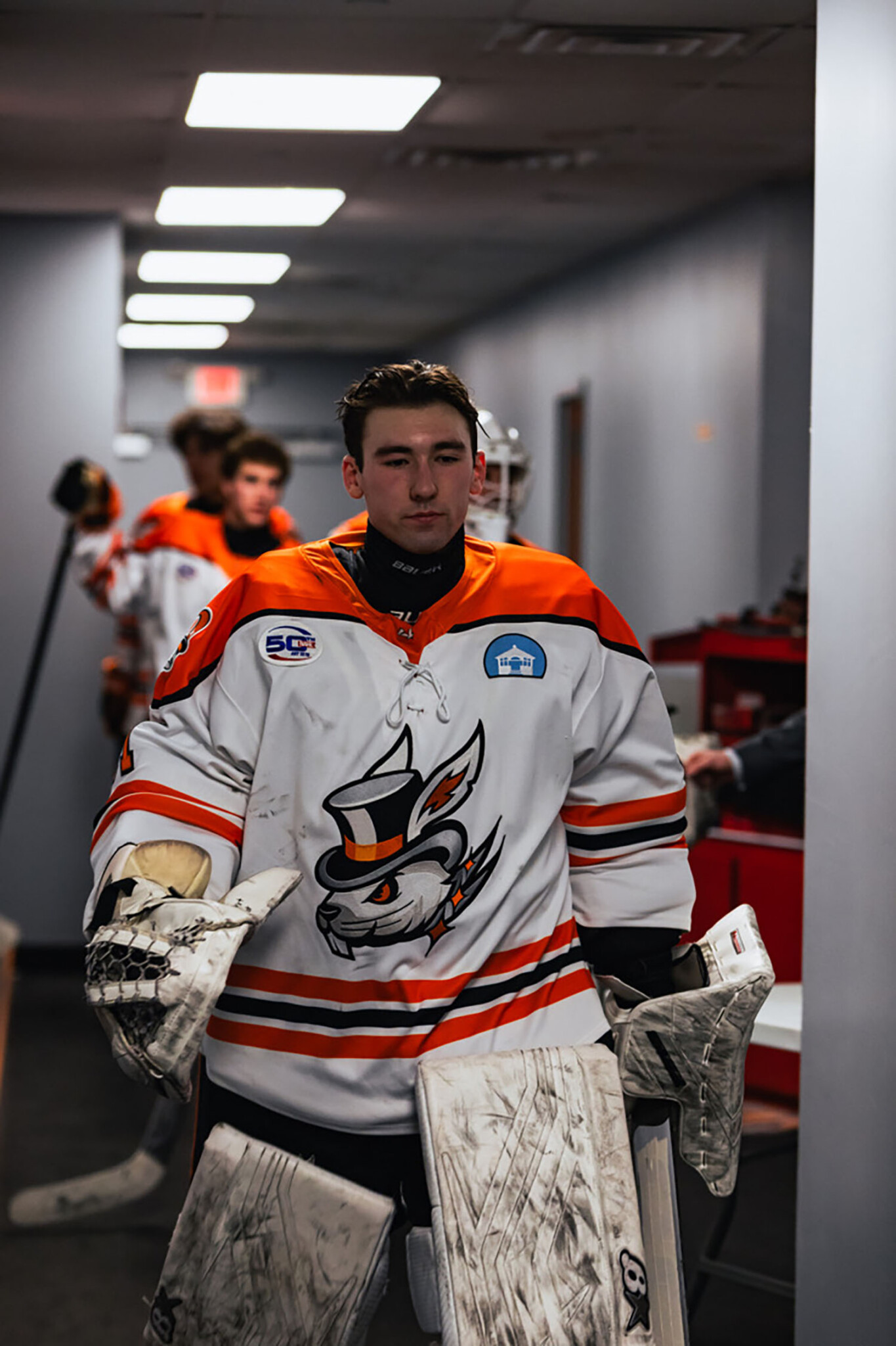Ryan Crowchaw ’29 in hockey gear.