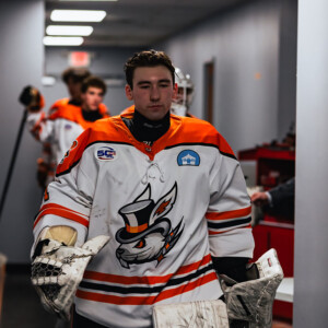 Ryan Crowchaw ’29 in hockey gear.