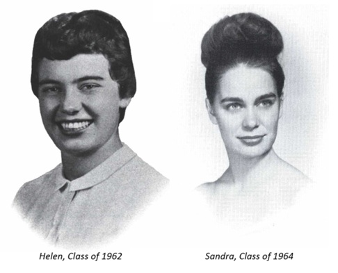 Two black-and-white headshots of the Krebs sisters. The left is captioned "Helen, Class of 1962", and the right one is captioned "Sandra, Class of 1964".