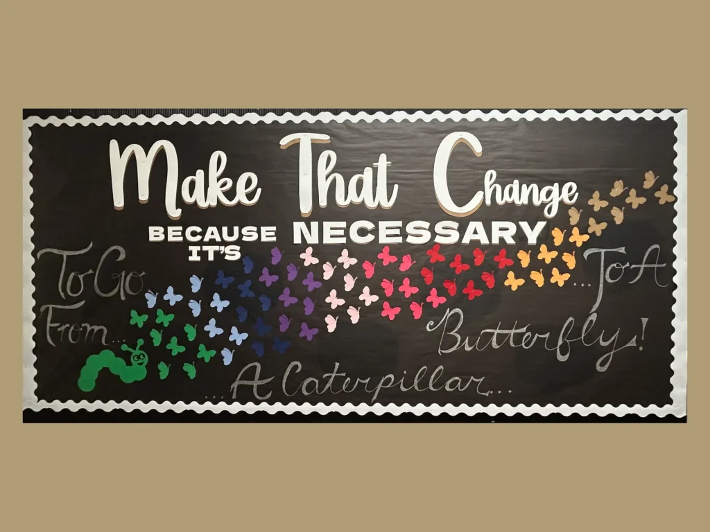 A blackboard illustrates make that change.