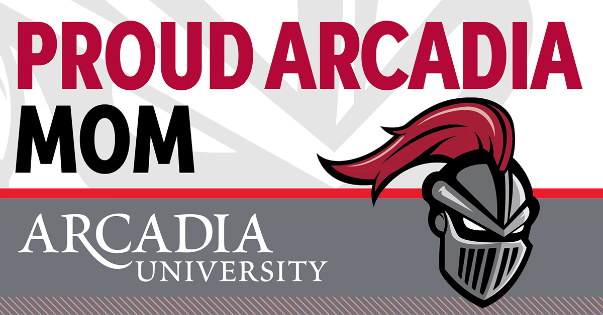 An Arcadia-themed Facebook background showing the logo of Archie the Knight in the bottom-right corner. The text reads: Proud Arcadia Mom. Arcadia University.