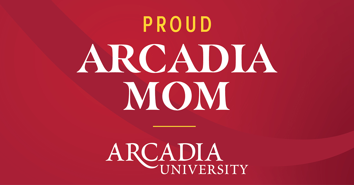 A Facebook background in Arcadia's signature scarlet color. Text reads: Proud Arcadia Mom. Arcadia University.