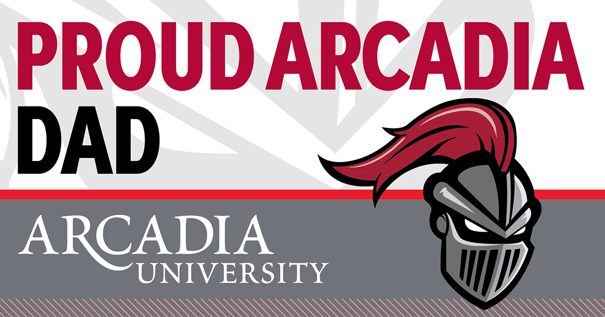 An Arcadia-themed Facebook background showing the logo of Archie the Knight in the bottom-right corner. The text reads: Proud Arcadia Dad. Arcadia University.