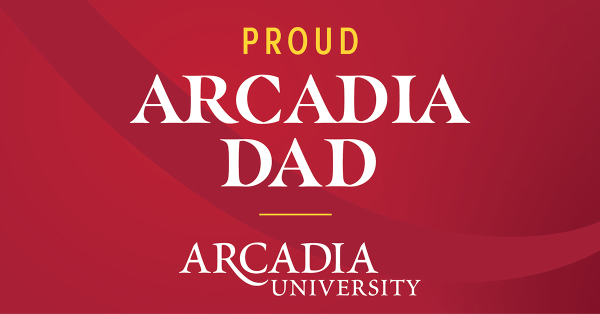 A Facebook background in Arcadia's signature scarlet color. Text reads: Proud Arcadia Dad. Arcadia University.