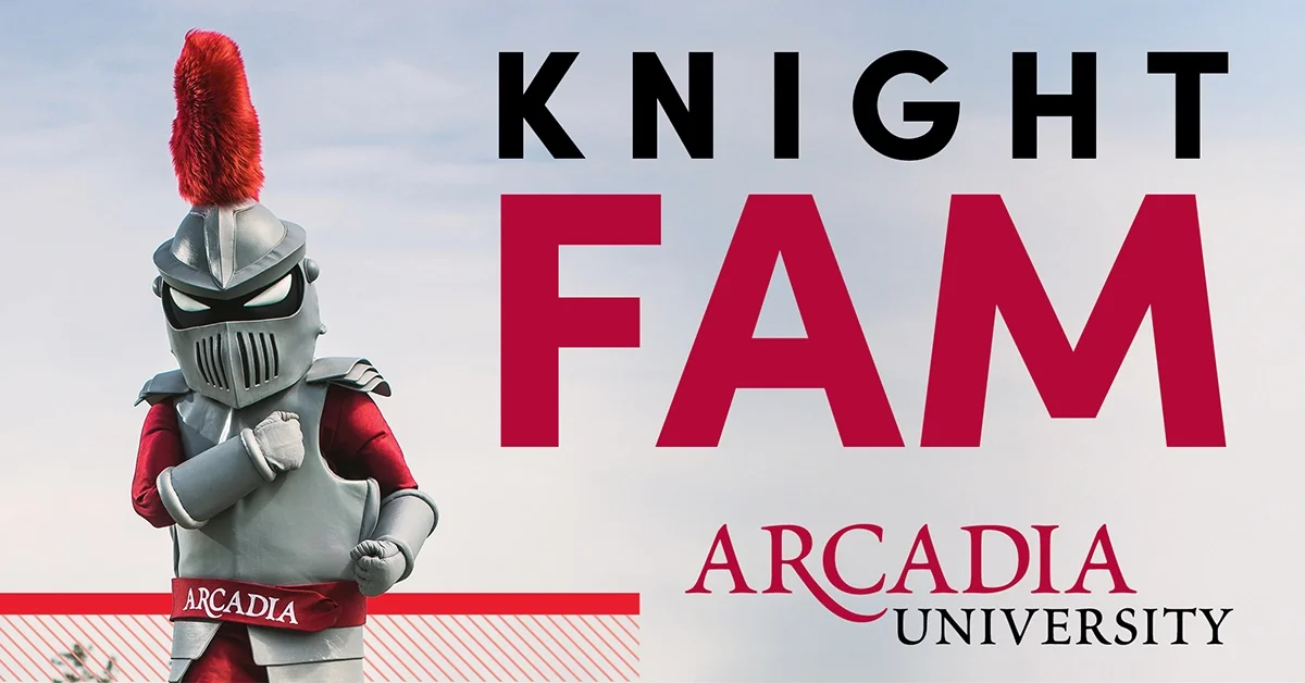 A Facebook background depicting the Archie the Knight mascot holding his right hand up to his chest on the left-hand side. Text reads: Knight Fam. Arcadia University.