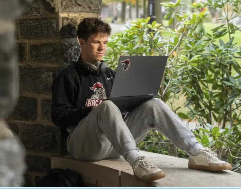 A student sits as he works on a laptop beside the castle.