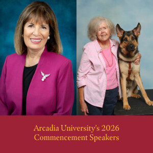 Side-by-side headshots of Former U.S. Representative Jackie Speier and Artist Kathleen Titus Faul ’68, with her seeing eye dog, Innes