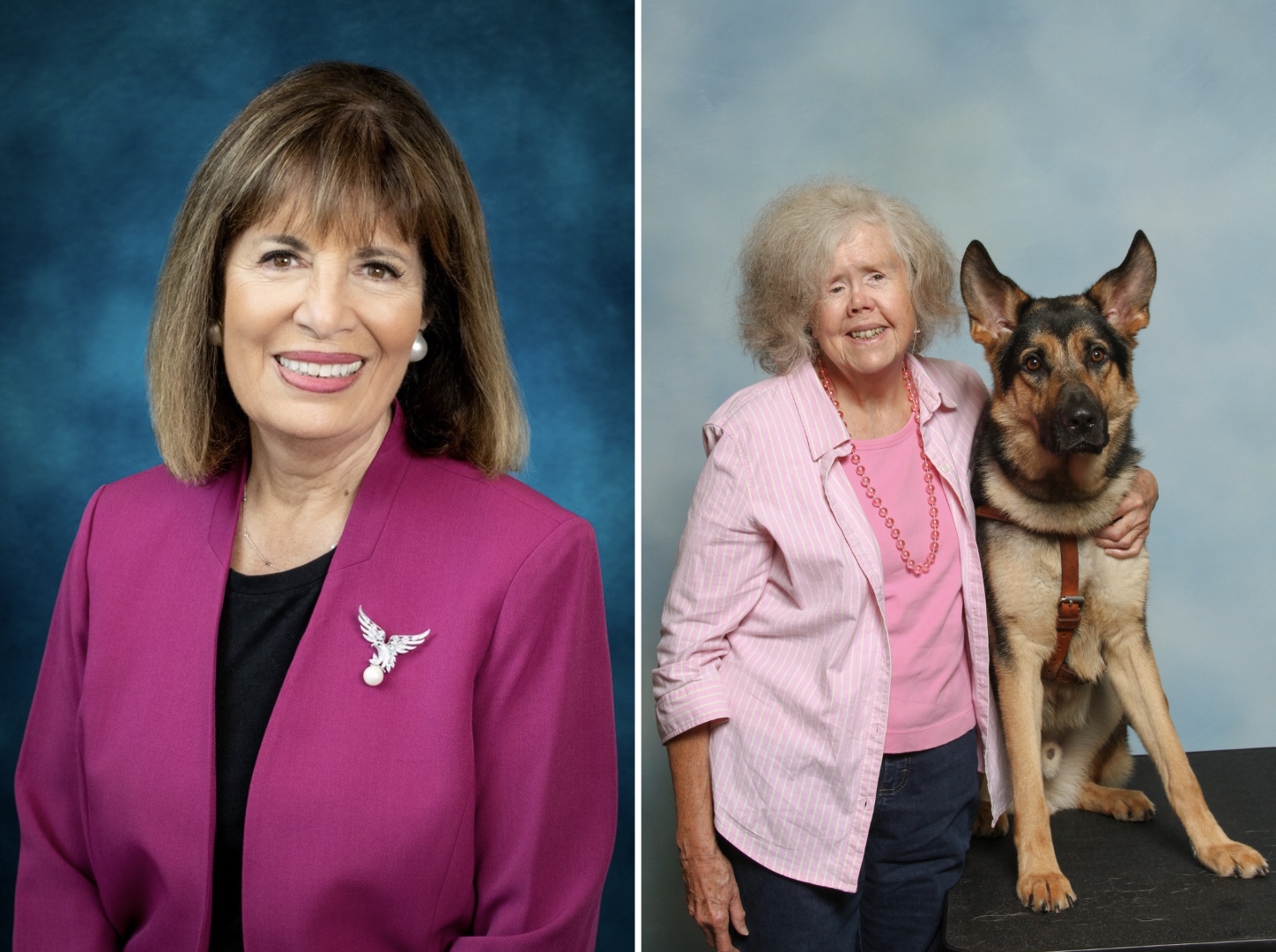 Dual headshots of Former U.S. Representative Jackie Speier, Artist Kathleen Titus Faul ’68, and her seeing eye dog, Innes