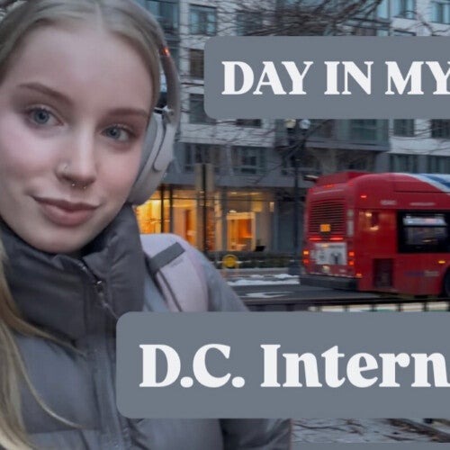 Lily Roberti ’28 in Washington D.C. with text reading "Day In My Life: D.C. Internship."