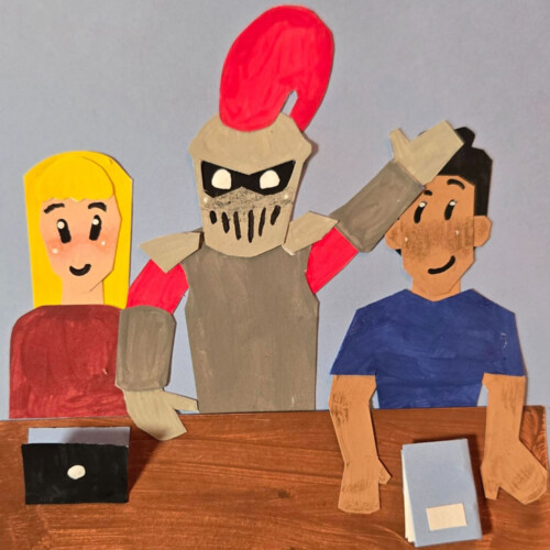 Paper artwork by Corin DeStefano ’27 with two students and Archie the Knight.