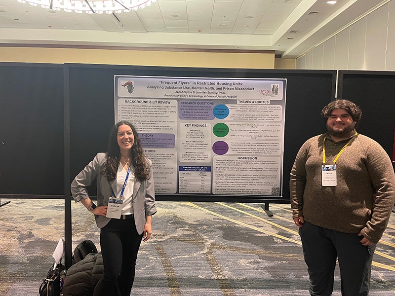 Dr. Jennifer Stanley and Jacob Spina posing in front of their research poster.