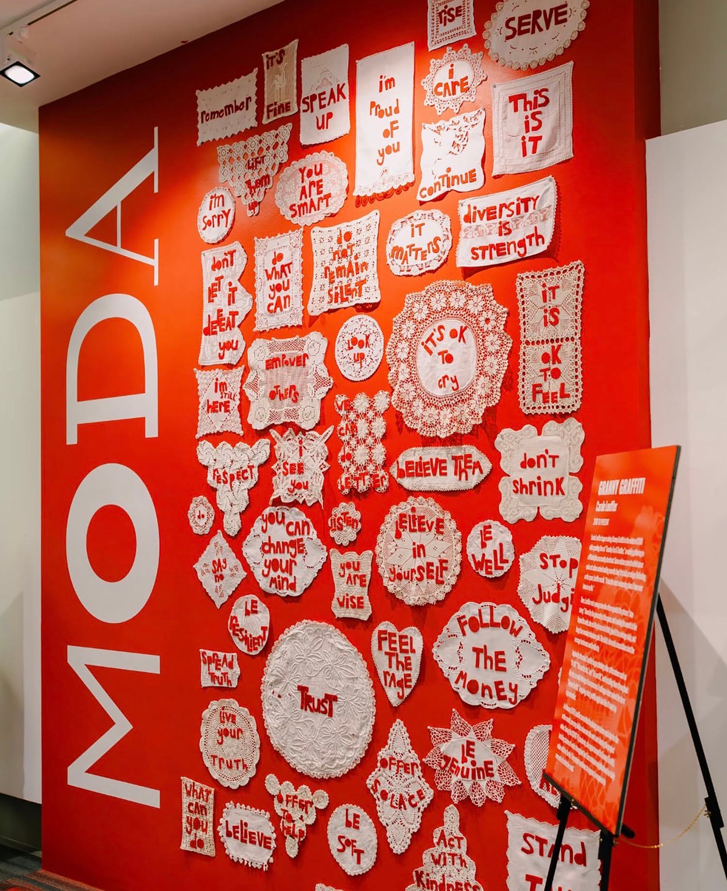 A wall of Carole Loeffler's Granny Graffiti at MODA.