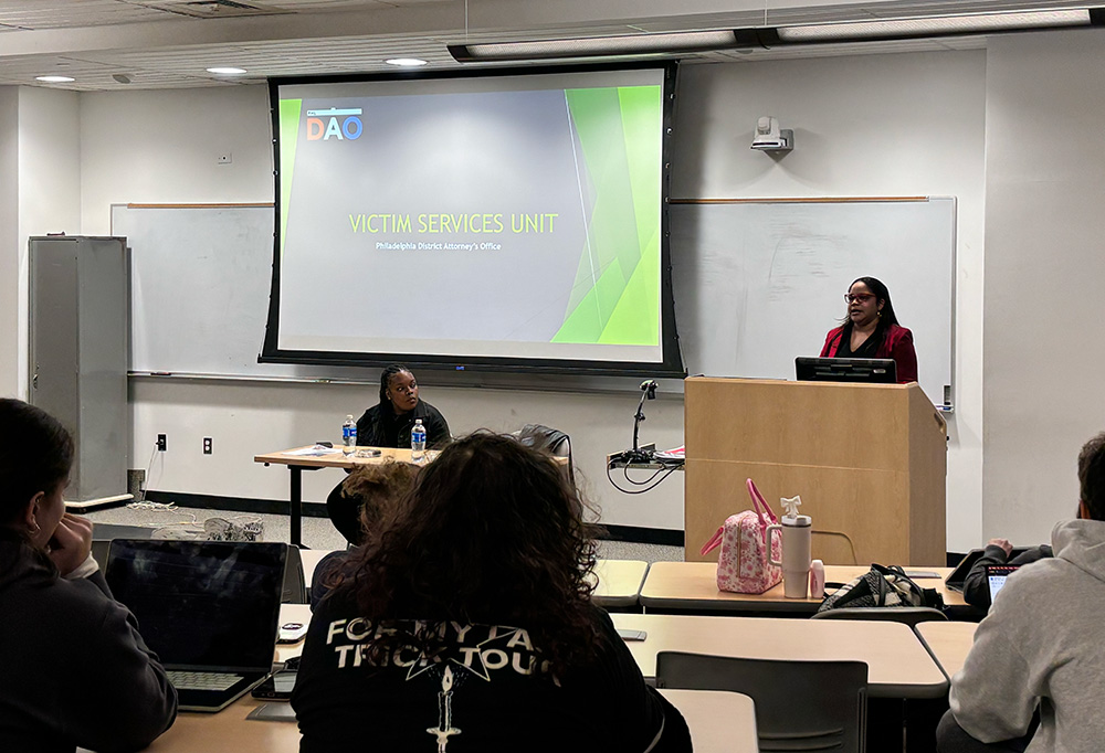 Mariel Delacruz, director of the Victim Services Unit for the Philadelphia District Attorney’s Office, breaks down the work she and her team take on for students in the CJ:296 Victimology course.