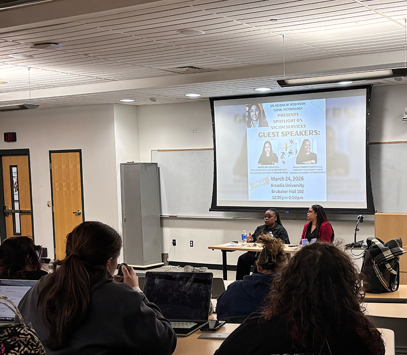 Maleah Thomas-Thornton, Community Engagement Liaison for the Philadelphia District Attorney’s Office, shares information about her role with students in the CJ:296 Victimology course.