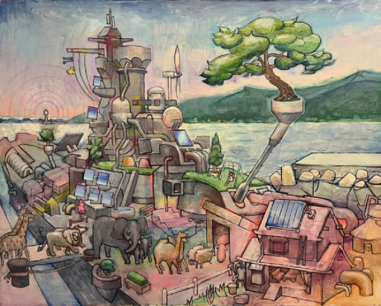 Photo of a painting with giraffes, lions, elephants, camels, sheep, and pigs walking at the bottom in a town.