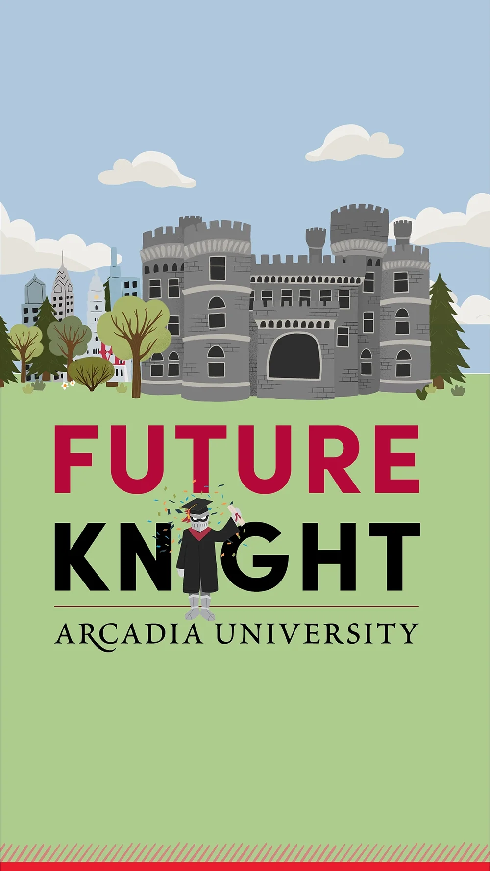 An Arcadia-themed cell phone wallpaper depicting a graphic of Archie the Knight in a cap and gown holding a diploma. The Grey Towers Castle is visible in the background. Text reads: Future Knight. Arcadia University.