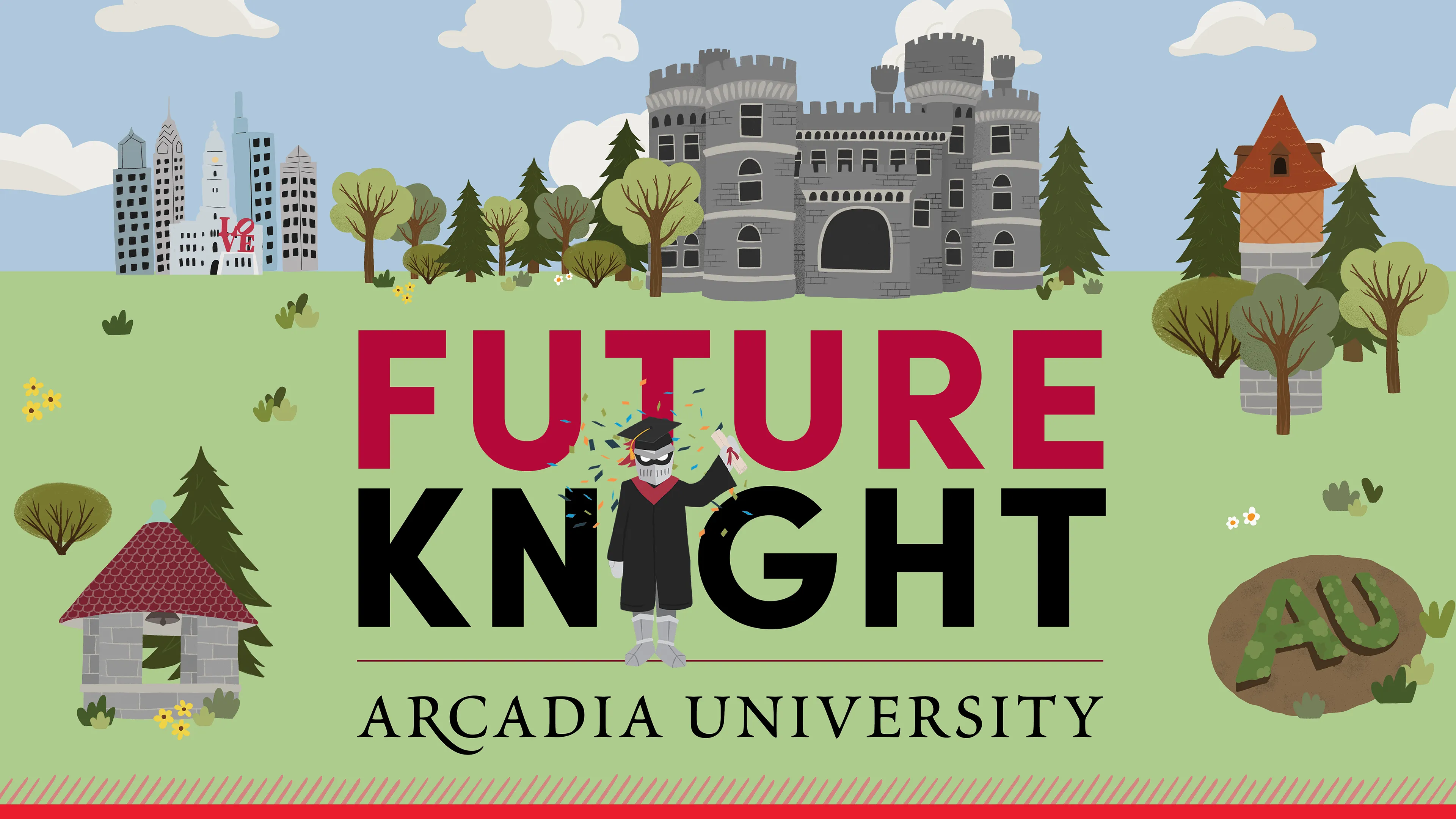 An Arcadia-themed desktop wallpaper with a graphic of Archie the Knight in a cap and gown holding a diploma. The Grey Towers Castle is visible in the background. Text reads: Future Knight. Arcadia University.