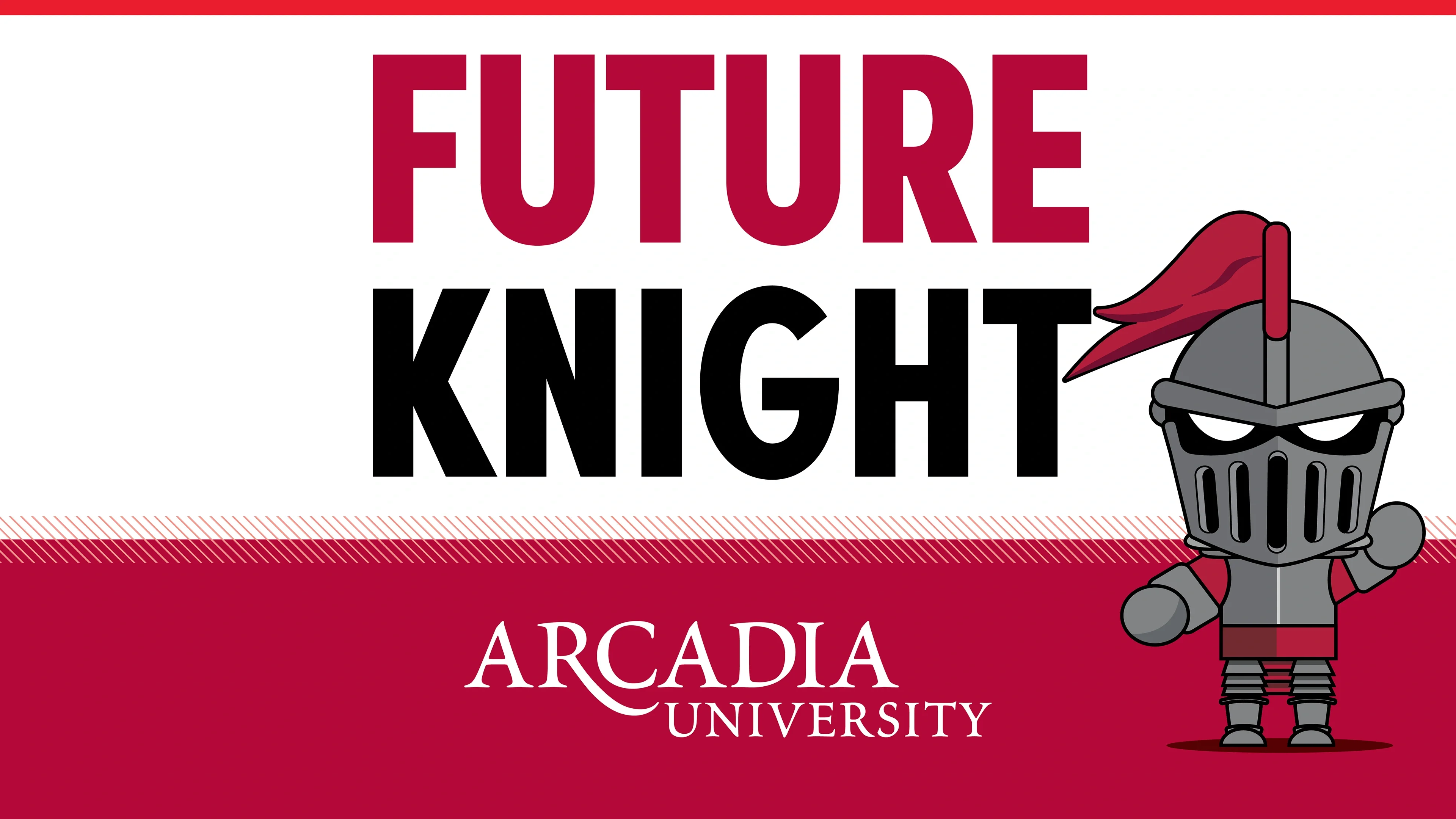 An Arcadia-themed desktop wallpaper with an icon of Archie the Knight in the bottom-right corner. Text reads: Future Knight. Arcadia University.